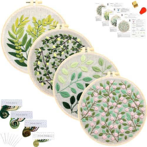 Vintage Plant Embroidery Kits for Beginners Adults, Flowers Hand Embroidery Sets Needlepoint Kits, Stamped Cross Stitch Kits for Beginners Adults, 4 Embroidery Hoops, Fabric (Attached Video Tutorial) by Armindou