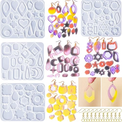 104Pcs Geometric Resin Earring Molds Kit, Flower Shaped Earrings Silicone Mold for Epoxy Resin Dangle Drop Jewelry Molds Making Kit with 100 Earring Hook for Earrings Necklace Pendants (Irregular) by Unknown