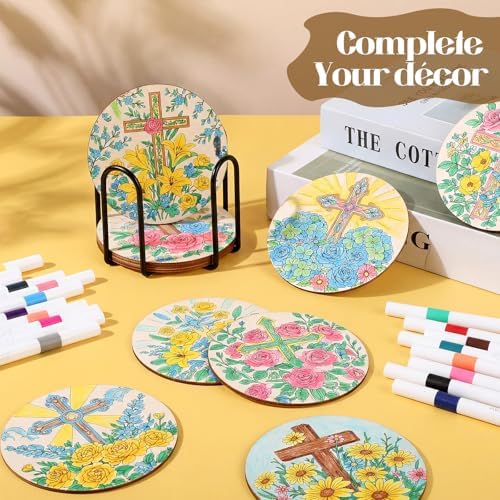 Reallnaive 45 Pcs Cross Wooden Coasters Painting Kit, 4 Inch Paint Your Own Christian Coasters with Markers, Religious Easter Arts and Crafts for Adults Women Seniors Elderly Crafters Gifts - Image 6