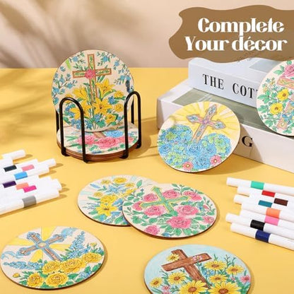 Reallnaive 45 Pcs Cross Wooden Coasters Painting Kit, 4 Inch Paint Your Own Christian Coasters with Markers, Religious Easter Arts and Crafts for Adults Women Seniors Elderly Crafters Gifts - Image 6