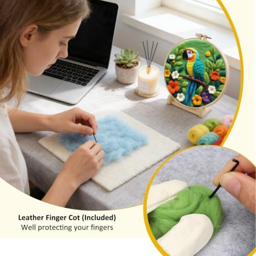 Zovylks Needle Felting Kit for Adults, 7.9 Inch Wool Felt Painting DIY Craft Set for Beginners, Needle Felt Starter Kit with Picture Frame, Foam Pad, Finger Cot (Parrot) - Image 5