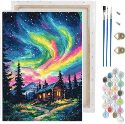 Aurora Paint by Numbers Kit for Adults Beginner,Wooden House Adult Paint by Number Kits on Canvas with Frame,Night Sky DIY Acrylic Oil Painting by Numbers Kits for Home Wall Decor 9.5x11.8 inch by TCDZMYGS