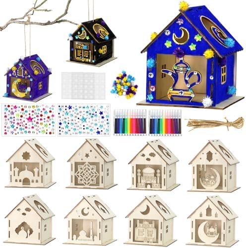 MUOUAKATE 9PCS Ramadan Crafts Wooden House with 24 Paint Pens, Ramadan Activities for aldults, Islamic DIY Ramadan Goodies for Eid Mubarak Gifts Favors Party Supplies Bulk Decorations by Unknown