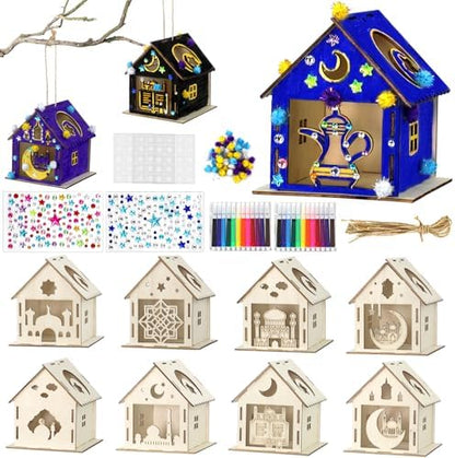 MUOUAKATE 9PCS Ramadan Crafts Wooden House with 24 Paint Pens, Ramadan Activities for aldults, Islamic DIY Ramadan Goodies for Eid Mubarak Gifts Favors Party Supplies Bulk Decorations by Unknown