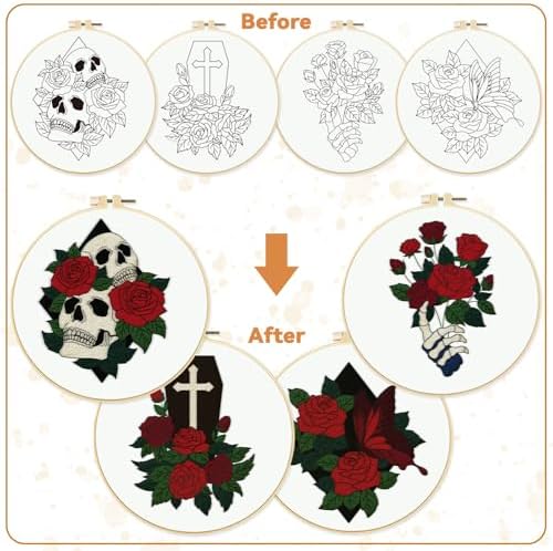 BEUNITONE 4 Set Halloween Skull Embroidery Kit for Beginners Include Hoops - Image 4