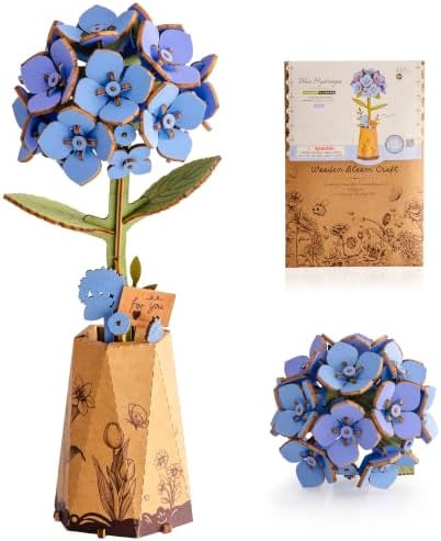 3D Flower Wooden Puzzles for Adults - Blue Hydrangea, DIY Wooden Flowers Plants Model Kit Building Set Crafts for Adults to Build, Creative (150 PCS) by Wowood