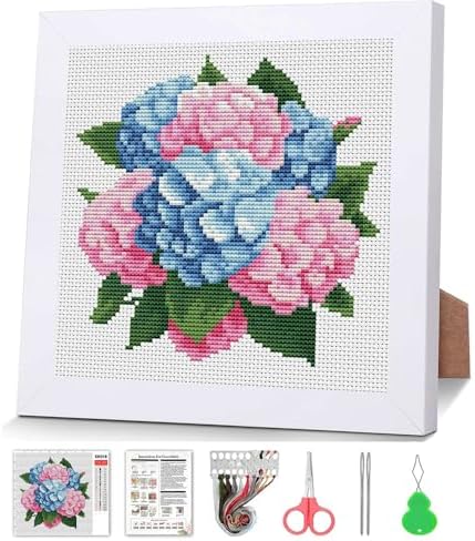 Hydrangea Stamped Cross Stitch Kits for Adult Beginner with Wooden Frame by VIGEGU