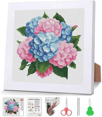 Hydrangea Stamped Cross Stitch Kits for Adult Beginner with Wooden Frame by VIGEGU