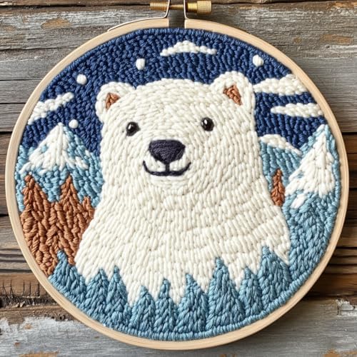 DIY Punch Needle Kits Polar Bear with Snow Mountain with Hoop 20x20cm-4 by Unknown