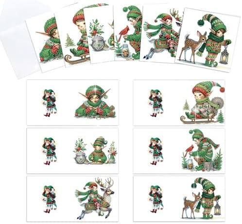 antor 6 Pack 5D Diamond Painting Christmas Cards, Cute Green Hat Elf DIY Diamond Art Cards with Envelopes, Handmade Rhinestone St. Patrick's Day Greeting Card Set for Adults by antor