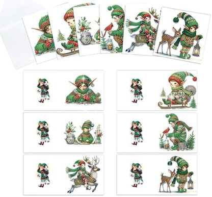 antor 6 Pack 5D Diamond Painting Christmas Cards, Cute Green Hat Elf DIY Diamond Art Cards with Envelopes, Handmade Rhinestone St. Patrick's Day Greeting Card Set for Adults by antor