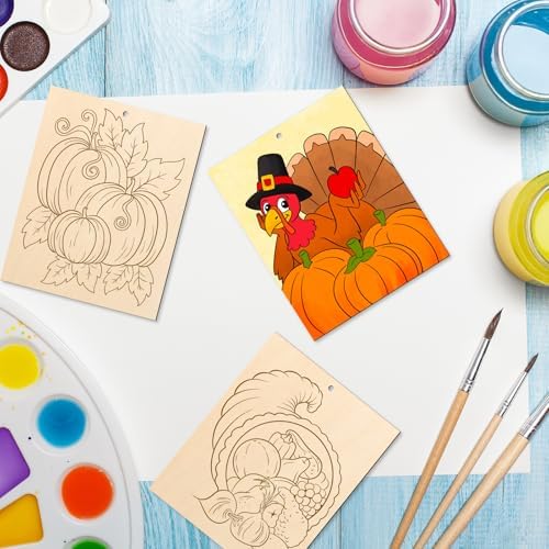 COCHIE 10PCS Large Thanksgiving Unfinished Wood Crafts to Paint for Adults, Bulk Predrilled Wooden Ornaments for Painting, Pumpkin Scarecrow Paintable Wood Slices Craft Supplies with Ropes - Image 7
