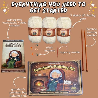MaconGoods Grandma's Knitting Kit - Longer Scarf Kit - Complete Knitting Kit for Beginners - Includes Beginner Yarn, Bamboo Needles, Video Tutorial & Guide - Easy to Learn Knit Kit - Image 4