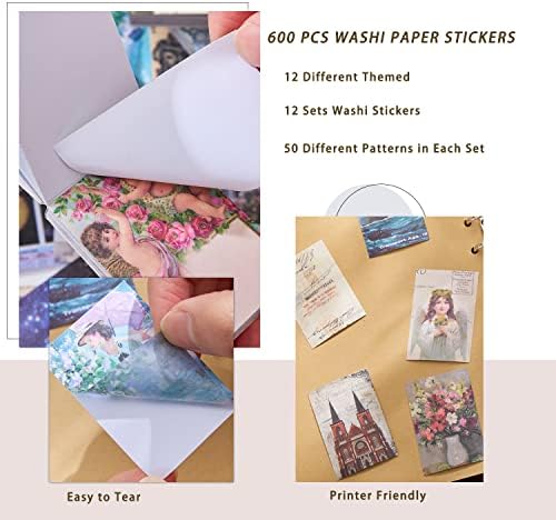 12 Sets 600 Sheets Washi Stickers for Journaling, Map Nature Celestial Portrait Boho Stickers Vintage Aesthetic Scrapbook Sticker Set for Bullet Journal Art Diary Card Craft Gifts Planner Notebook - Image 5