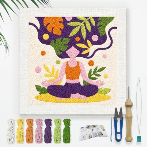 Doodlream Meditating Yoga Needle Kit for Beginner, 9.4"x 9.4" Healthy Living Punch Stitching Craft Set, DIY Embroidery Starter with Printed Frame, Instruction, Threader, Yarn, Pinch Needle by Doodlream