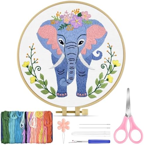 TINDTOP Embroidery Kit for Beginners Adult, Elephant Embroidery Kit for Beginners Include Embroidery Cloth Hoops Threads for Craft Lover Hand Stitch with Embroidery Skill Techniques by TINDTOP