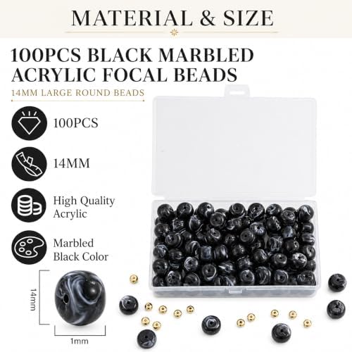 100Pcs 14mm Large Acrylic Beads for Jewelry Making, Chunky Marbled Round Focal Beads Bulk Set with Spacer Beads for DIY Bracelets Necklaces Keychains Bag Charms (Black) - Image 2