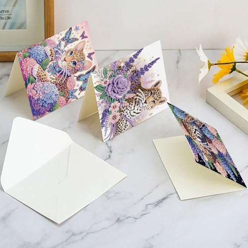 LazyFold 6 Pcs Diamond Art Painting Greeting Cards Kits, DIY Flowers and Animals Handmade Festival Greeting Cards with Envelopes Diamond Art Crafts Birthday Cards Creative Gift - Image 7