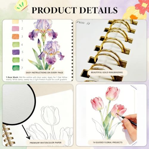 SATFOIV Floral Theme Watercolor Workbooks Set, 16-Color Watercolor Paint+Removable Palette, can Hold Water Watercolor Pens+Watercolor Brushes,14 Beautiful Paintings+2-Page Beginner's Guide - Image 6