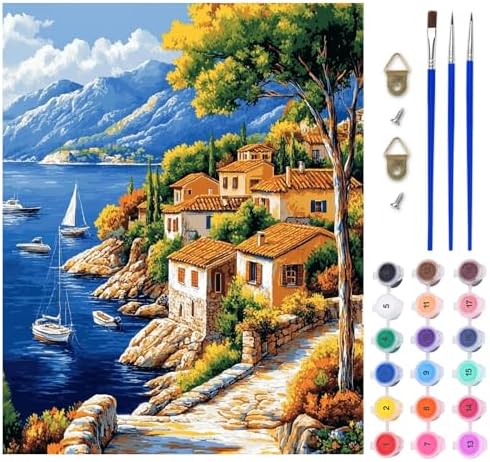 Lxmsja Mediterranean Coast Paint by Numbers Kit for Adults, Boats Acrylic Paint by Numbers for Adults Beginner, DIY Craft Supplies Oil Painting Kits for Home Wall Decor 16x20 inch (No Frame) by Lxmsja