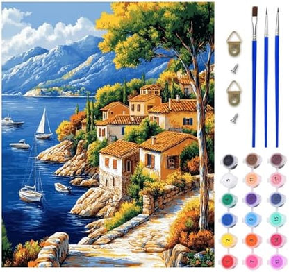Lxmsja Mediterranean Coast Paint by Numbers Kit for Adults, Boats Acrylic Paint by Numbers for Adults Beginner, DIY Craft Supplies Oil Painting Kits for Home Wall Decor 16x20 inch (No Frame) by Lxmsja