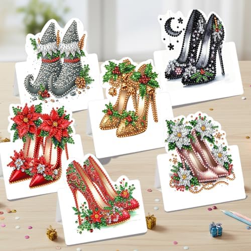 jinglinhh 6pcs Diamond Art Painting Christmas High Heels Greeting Cards with Envelopes, DIY Card Making Kits for Adults, Diamond Art Postcards Christmas Cards Craft Gifts - Image 5