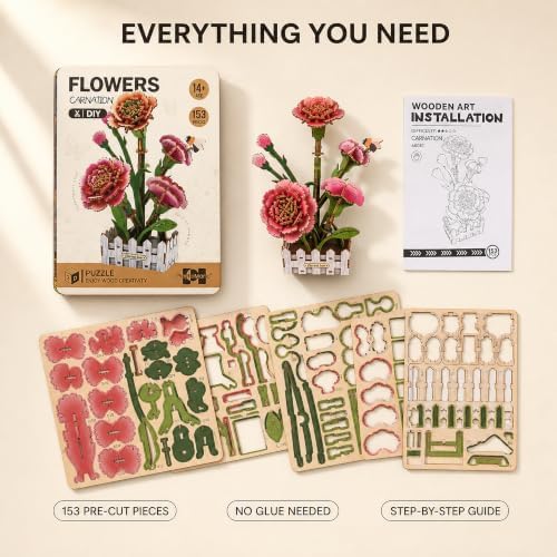 Evankin 3D Wooden Carnation Puzzle Kit, DIY Bouquet Model - Image 5