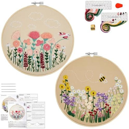 Flowers Embroidery Kits for Beginners Adults, Floral Hand Embroidery Set Needlepoint Kits, Stamped Cross Stitch Kits for Beginners Adults, 2 Embroidery Hoops, Fabric, Thread (Attached Video Tutorial) by Armindou
