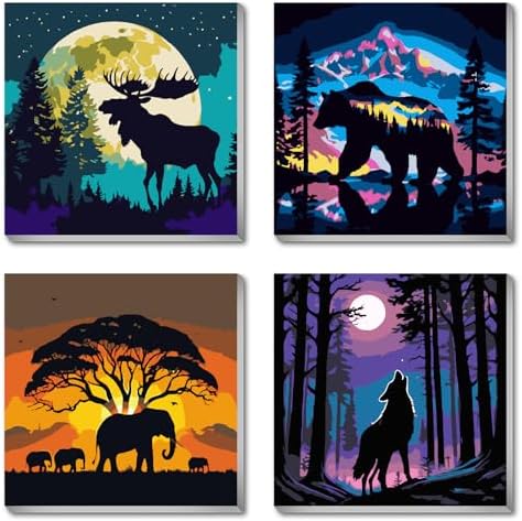 FQOVKYN 4 Packs Framed Paint by Number Kits for Adults, DIY Animals Adult's Paint by Numbers for Beginners, Easy Acrylic Watercolor Paint by Numbers Canvas Arts and Crafts for Wall Decor Gift (8x8in) by FQOVKYN