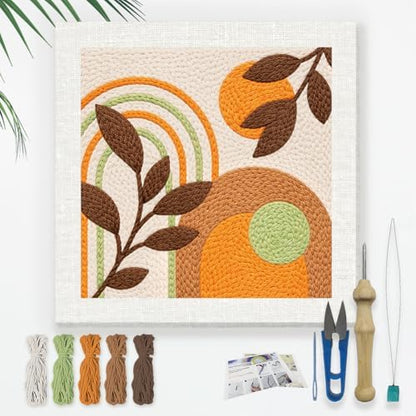 DOODLREAM Boho Rainbow Leaf Needle Kit for Beginner, 9.4"x 9.4" Geometric Plant Punch Stitching Craft Set, Color DIY Embroidery Starter with Printed Frame, Instruction, Threader, Yarn, Pinch Needle by Doodlream