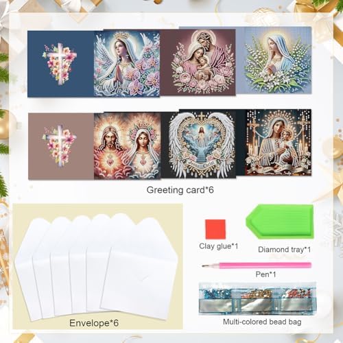 jinglinhh 6pcs Holy Mother Jesus Flowers Diamond Art Painting Greeting Cards with Envelopes, DIY Card Making Kits for Adults, Diamond Art Postcards Holiday Cards Craft Gifts - Image 3