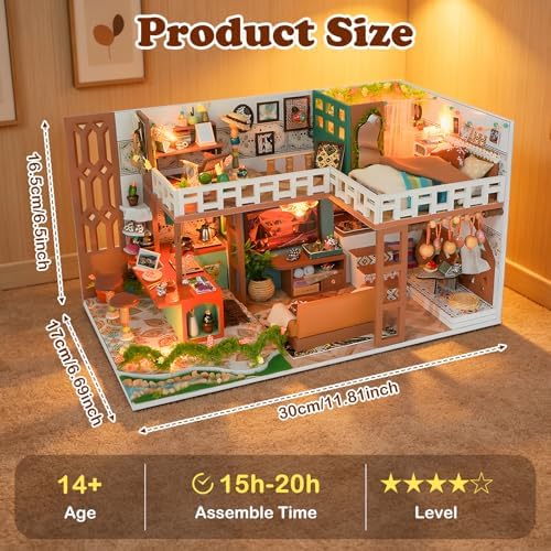 DIY Miniature House Kit, Dollhouse Kit w/Dust Cover Adult, Boho Loft - Image 2