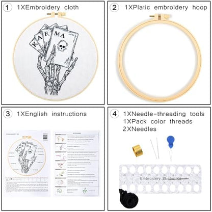 Gothic Tarot Embroidery Kits for Beginners Adults, Halloween Hand Bone Embroidery Starter Kits, Skull Cross Stitch Kits for Beginner Adults Hobbies for Women, Embroidery Fabric, Hoops & Video Tutorial - Image 4