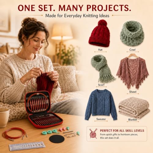 Aeelike 13 Pair Interchangeable Circular Knitting Needles Set 3-10 mm, Red - Image 6