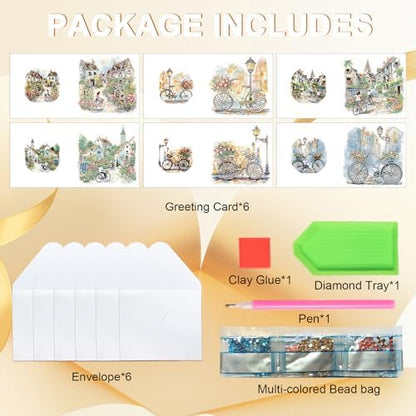 MVVMTOP 6pcs Diamond Art Painting Greeting Card, DIY House and Bicycle Diamond Art Greeting Card for Blessing and Wishe Special Shaped Diamond Arts Crafts for Birthday Thanksgiving Day - Image 3