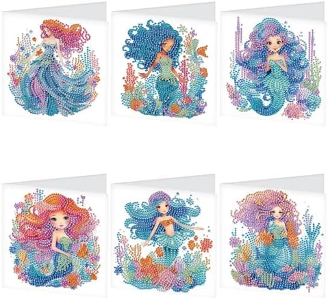 TDFERAN Diamond Painting Blank Cards Blank Cards Mermaid Greetings Card Set of 6 Birthday Greeting Card Greeting Cards with Envelopes Little Mermaid Diamond Painting Party Invitation Card by TDFERAN