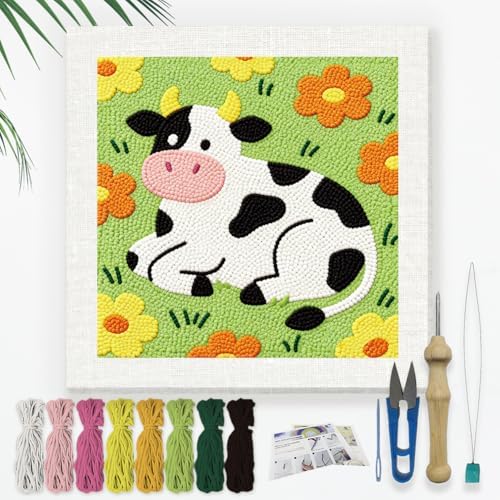Doodlream Cow Flower Needle Kit for Beginner, 9.4"x 9.4" Cartoon Animal Punch Stitching Craft Set, Color DIY Embroidery Starter with Printed Frame, Instruction, Threader, Yarn, Pinch Needle by Doodlream