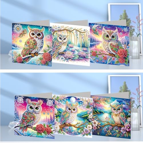 6PCS Owl Diamond Art Painting Greeting Cards Kit with Envelopes - 5D DIY Diamond Art Card Kits for Adults - Handcrafted Postcards for Birthday & Holiday - Image 2