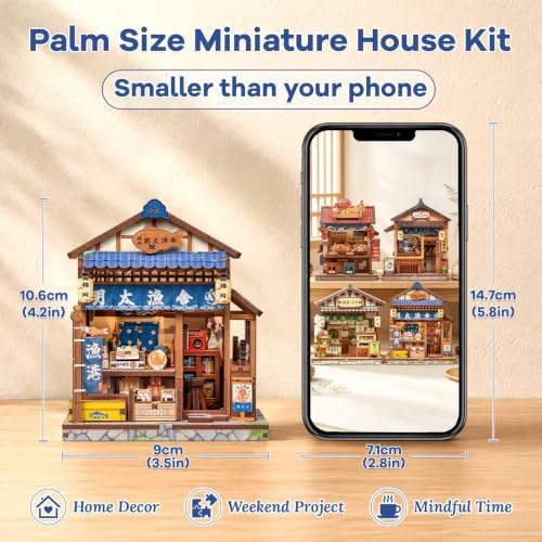 DIY Miniature Dollhouse Kit for Beginners, Fish Shop 3D Wooden Puzzle, 129 PCS, Palm Size Mini House Model Building Kit, Japan Booknook Diorama Kit, Bookshelf Home Decor, Adult Crafts Gift - Image 2