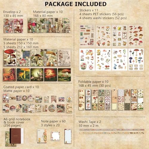 BoomTeck Vintage Scrapbooking Kit – Aesthetic Junk Journal Supplies with Scrapbook Paper, Washi Stickers, A6 Grid Notebook, DIY Craft Journaling Gift Set for Teens & Adults (Mushroom Theme) - Image 6