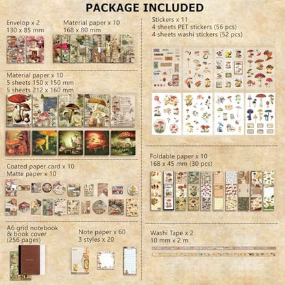 BoomTeck Vintage Scrapbooking Kit – Aesthetic Junk Journal Supplies with Scrapbook Paper, Washi Stickers, A6 Grid Notebook, DIY Craft Journaling Gift Set for Teens & Adults (Mushroom Theme) - Image 6