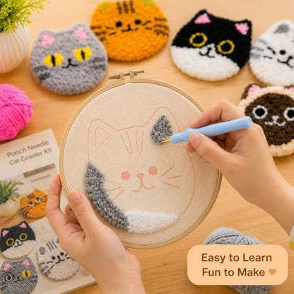 HGUANGJ Punch Needle Kit for Beginners Adults, Cat Coasters Kit with Adhesive Felt, Yarns, Embroidery Hoop for DIY Craft - Image 3