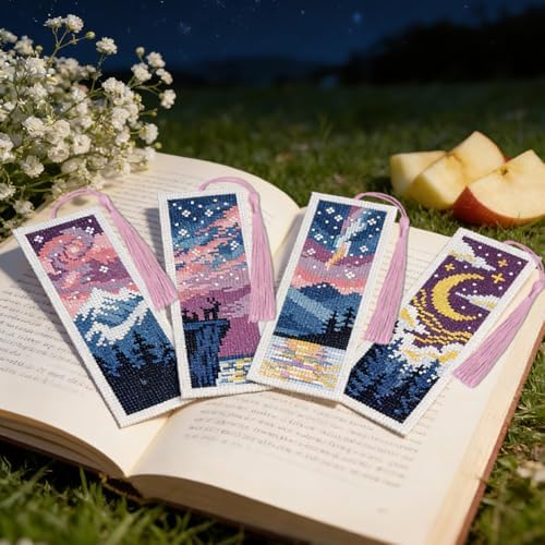 INFUNLY 6 Pack Night Scenery Cross Stitch Bookmark Kit, Dark Mountain Moon Sky Landscape, Stamped Pre-Printed Embroidery Set for Adults Beginners, DIY Craft Gift - Image 2
