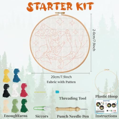 BEUNITONE 2PCS Punch Needle Kit for Adults Beginners, Frog Mushroom Needlepoint Crafts Kit for Adults, Complete Embroidery Starter Kit with Pre-Print Pattern and Hoop for Home Decor 7.9"x7.9" - Image 2