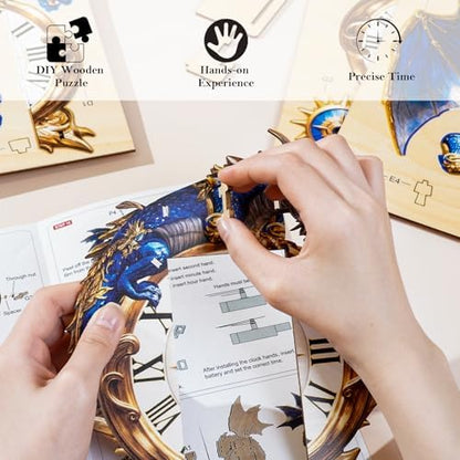 KAAYEE 3D Puzzles for Adults Blue Dragon Clock DIY Wooden Puzzle Craft - Image 3