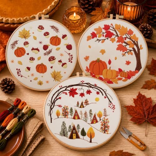 Kuabiz 5 Sets Fall Embroidery Kits for Beginners Autumn Maple Leaves Cross Stitch Kit for Adults Thanksgiving Pumpkins Embroidery Starter Kit Hoop Needlepoint Kits with Instruction Needles Threads - Image 4