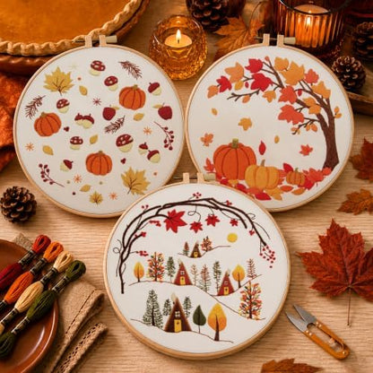 Kuabiz 5 Sets Fall Embroidery Kits for Beginners Autumn Maple Leaves Cross Stitch Kit for Adults Thanksgiving Pumpkins Embroidery Starter Kit Hoop Needlepoint Kits with Instruction Needles Threads - Image 4