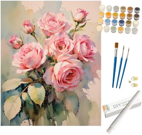 Pink Roses Bloom Paint by Numbers Kit for Adults - DIY Flowers Painting on Rolled Canvas 16x20 Inches, Acrylic Paint Set, Suitable for Beginners, for Home Decoration or Presents by Unknown
