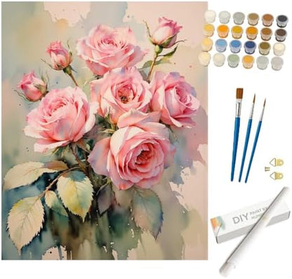 Pink Roses Bloom Paint by Numbers Kit for Adults - DIY Flowers Painting on Rolled Canvas 16x20 Inches, Acrylic Paint Set, Suitable for Beginners, for Home Decoration or Presents by Unknown