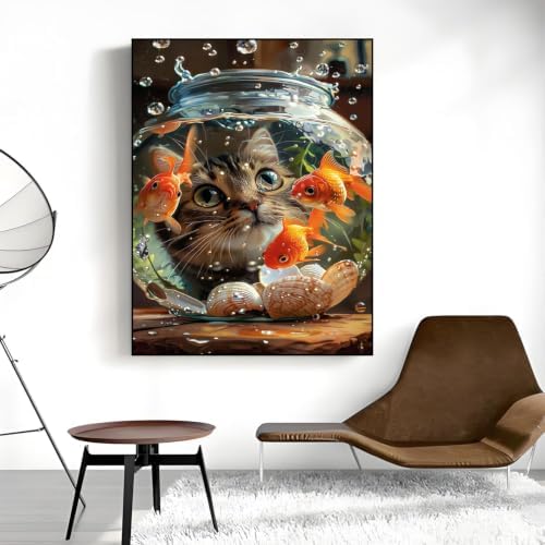 Cat Goldfish Paint by Numbers Kit for Adults Framed Canvas, Frameworkless - Image 5